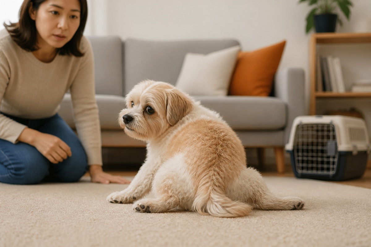 바닥에 앉아 엉덩이 상태를 살피는 강아지